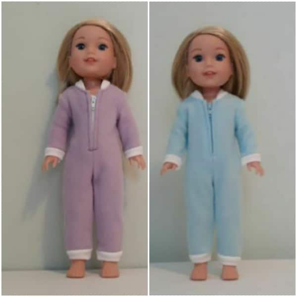 Onesie style pajamas in lilac and light blue fleece fits Wellie Wishers, Glitter Girls and other 14-15 inch dolls.