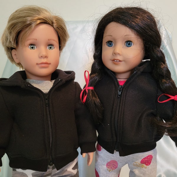 Unisex black fleece hoodie fits American Girl, Our Generation and other 18 inch boy or girl dolls.