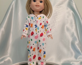 Happy daubs of paint are featured on onesie pajamas to fit Wellie Wishers, Glitter Girls and other similarly sized dolls.