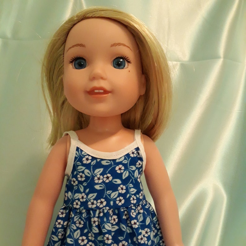 Flower print sundress fits Wellie Wishers and other 14 inch dolls.