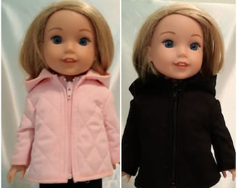 Quilted cotton coat available in black or pink fits Wellie Wishers, Glitter Girl and other 14-15 inch dolls.