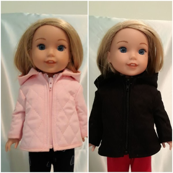 Quilted cotton coat available in black or pink fits Wellie Wishers, Glitter Girl and other 14-15 inch dolls.