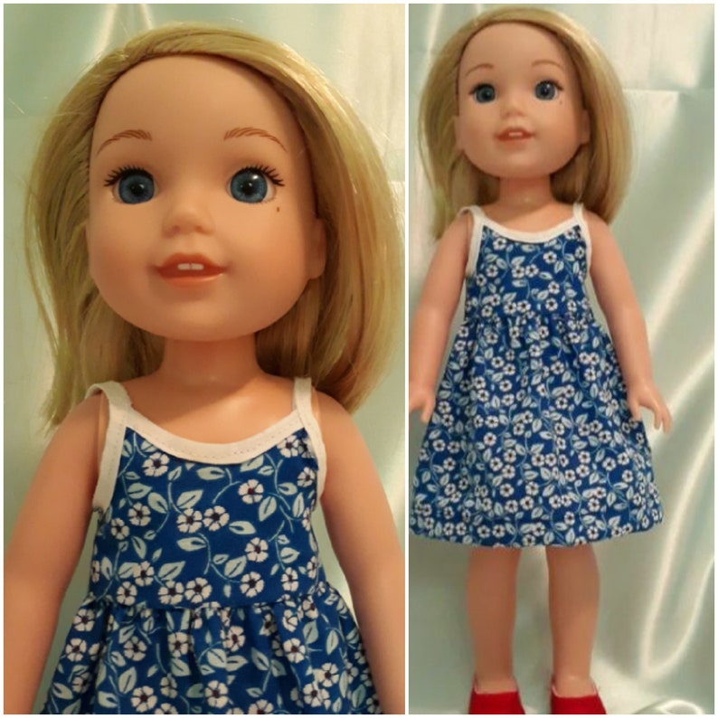 Flower print sundress fits Wellie Wishers and other 14 inch dolls.