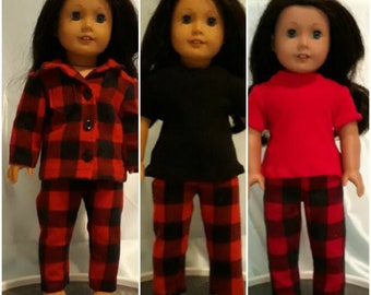 Unisex flannel pajamas in red and black buffalo check with T-shirt option fits American Girl, Our Generation and other 18 inch dolls.