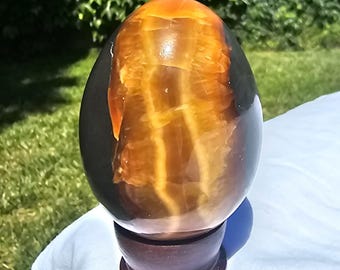 Septarian Dragon Stone Egg – Polished Simbircite Calcite Specimen, Black Orange Mineral Decor