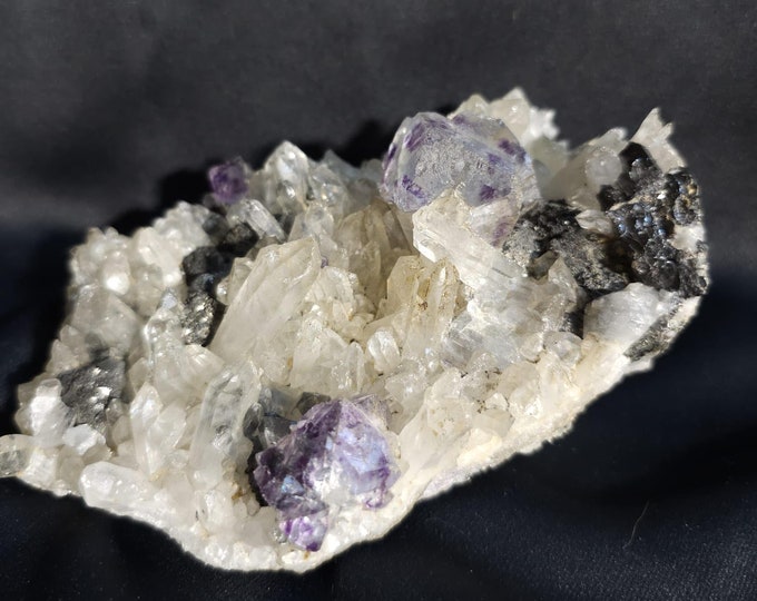 Rare Fluorite on Quartz Crystals with Tourmaline, Magnetite & Pyrite – Stunning Mineral Specimen from Dalnegorsk, Russia