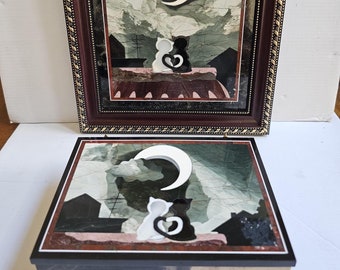 Florentine Mosaic Jewelry Box & Painting: Jasper, Agate, Rhodonite Cat Art