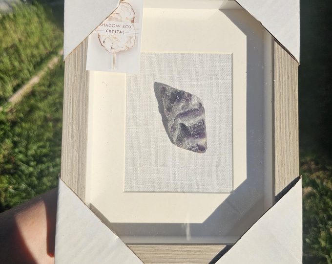 8x10 in Amethyst Crystal Shadow Box – Framed Amethyst Cluster, Natural Quartz Display, Crystal Home Decor, Mineral Wall Art