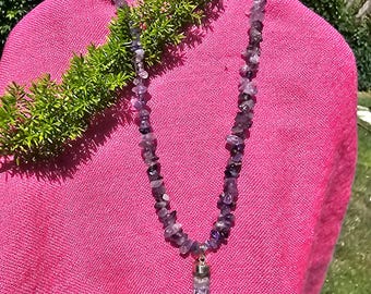 Amethyst Chip Beaded Necklace with Silver Amethyst Point Pendant, Natural Purple Crystal Gemstone Necklace, Boho Handmade Jewelry