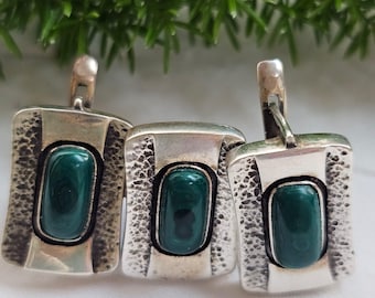 Vintage Malachite Jewelry Set – Sterling Silver Ring & Earrings, Natural Green Gemstone, Boho Statement Jewelry, Unique Gift for Her