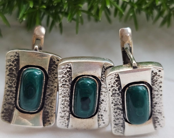 Vintage Malachite Jewelry Set – Sterling Silver Ring & Earrings, Natural Green Gemstone, Boho Statement Jewelry, Unique Gift for Her