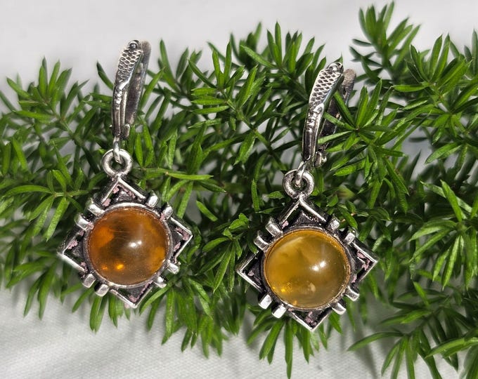 Russian Silver Amber Earrings - Vintage Baltic Honey Gemstone Jewelry Elegant Gift for Her