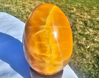Polished Simbircite Septarian Egg – Dragon Stone Crystal, Yellow Orange Calcite Fossil Decor