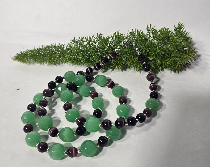Green Aventurine & Purple Cat's Eye Beaded Necklace – Healing Crystal Boho Statement Jewelry Gift