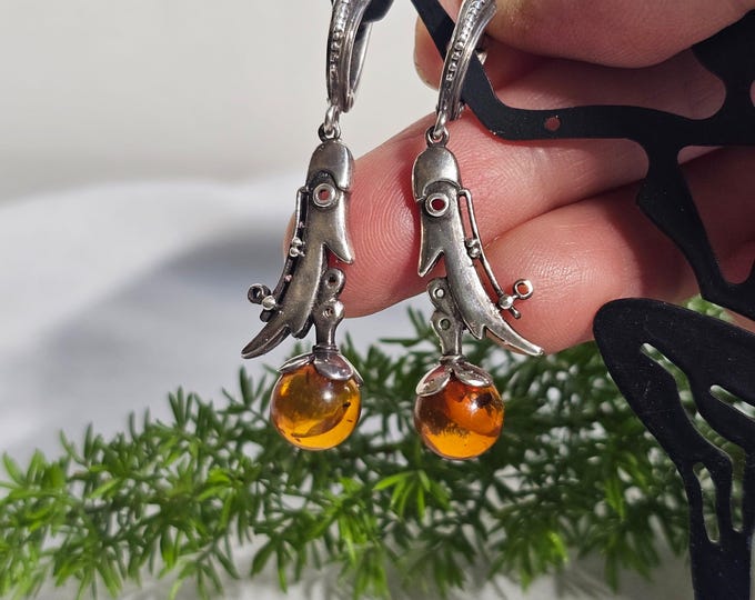 Russian Silver Cherry Amber Earrings – Handcrafted Baltic Gemstone Jewelry, Unique Gift for Her