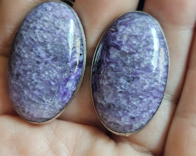 Charoite Silver Earrings, Natural Purple Gemstone Jewelry, Oval Crystal Statement Piece, Handmade Boho Gift