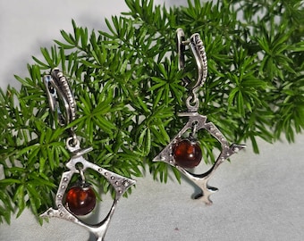 Russian Silver Amber Earrings - Vintage Baltic Honey Gemstone Jewelry Elegant Gift for Her