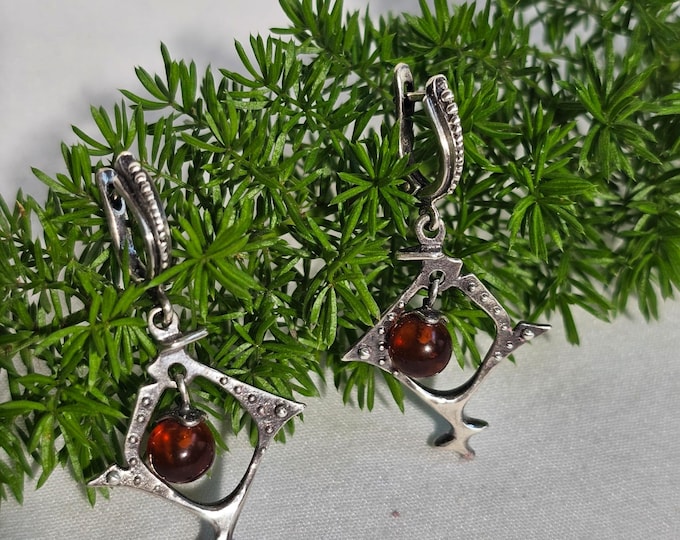 Russian Silver Amber Earrings - Vintage Baltic Honey Gemstone Jewelry Elegant Gift for Her