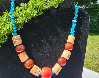 Chunky Turquoise, Coral & Carnelian Beaded Necklace, Bold Bohemian Statement Jewelry, Natural Gemstone Beads