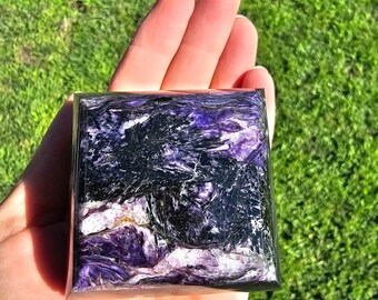 Natural Charoite & Black Marble Jewelry Box | Handcrafted Stone Keepsake | Luxury Gemstone Décor Gift