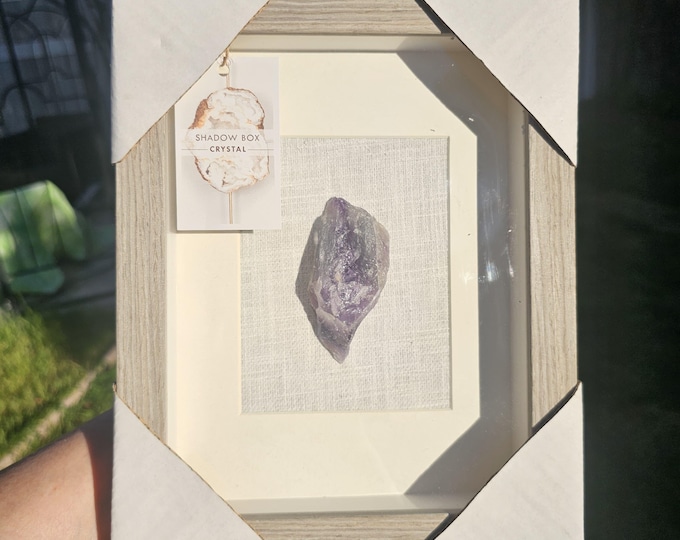 8x10 in Amethyst Crystal Shadow Box – Framed Amethyst Cluster, Natural Quartz Display, Crystal Home Decor, Mineral Wall Art