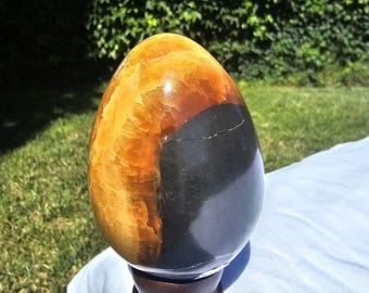Polished Simbircite Septarian Egg – Dragon Stone Crystal, Black Orange Calcite Fossil Decor