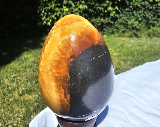 Russian Simbircite Septarian Egg – Polished Dragon Stone Calcite, Black Orange Fossil Display