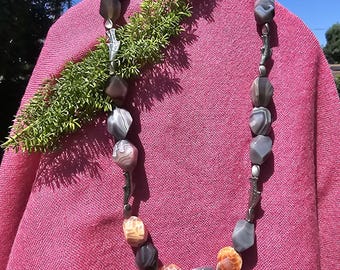 Botswana & Snakeskin Agate Statement Necklace, Chunky Faceted Nugget Beads, Steel Fish Clasp, 24.4in / 62cm