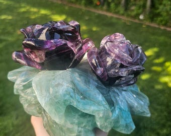 Fluorite Rose Crystal Sculpture – Hand Carved Purple & Green Fluorite with Calcite Accent
