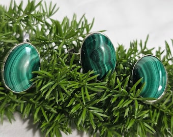 Sterling Silver Malachite Ring and Earrings, Natural Green Gemstone