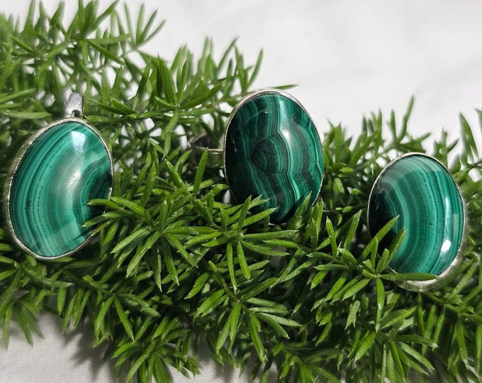 Sterling Silver Malachite Ring and Earrings, Natural Green Gemstone