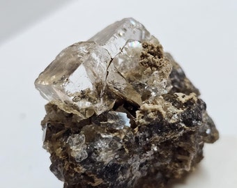 White Fluorite Cube Crystals on Quartz with Magnetite from Dalnegorsk, Russia.
