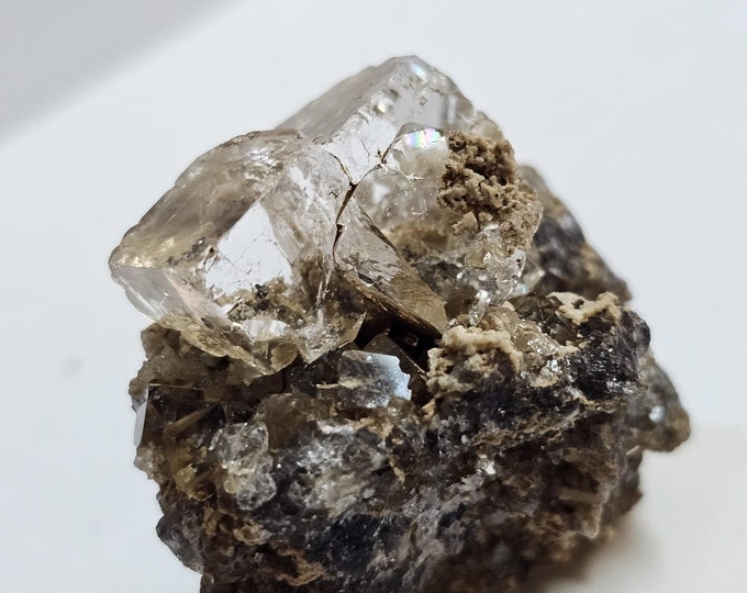 White Fluorite Cube Crystals on Quartz with Magnetite from Dalnegorsk, Russia.