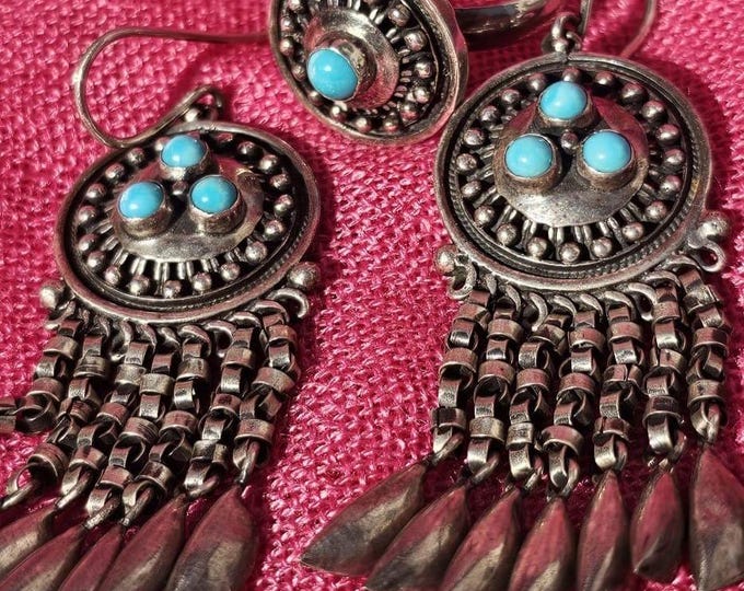 Handmade Turquoise & Silver Earrings and Ring | Boho Artisan Gift for Her