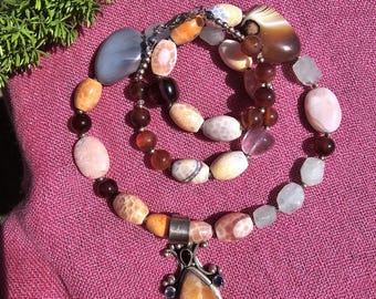 Statement Botswana Agate Necklace, Snakeskin Agate & Carnelian Beads, Garnet Amethyst Simbircite Pendant