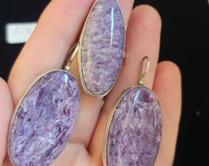 Charoite Sterling Silver Jewelry Set – Purple Gemstone Earrings & Ring – Handmade Boho Statement Stone Jewelry