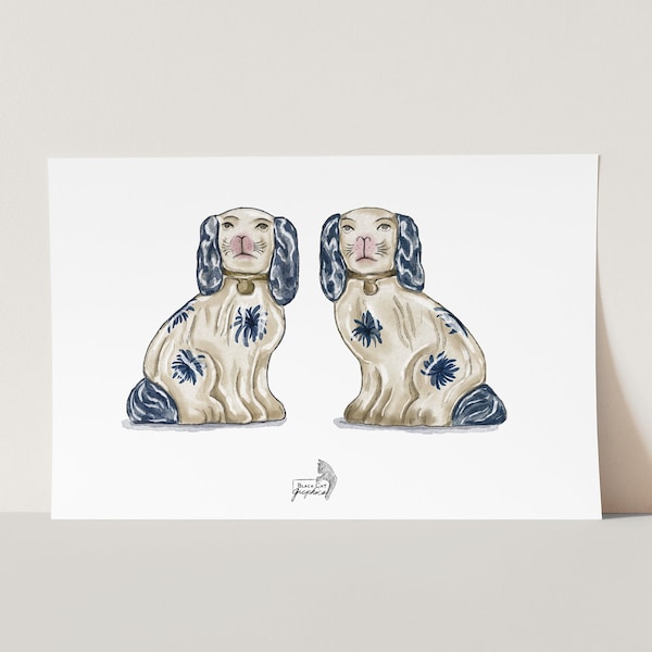 blue Staffordshire Dogs Art Print, Chinoiserie Painting, Grandmillennial Watercolor, Palm Beach Preppy, Southern Style, Sorority House Art