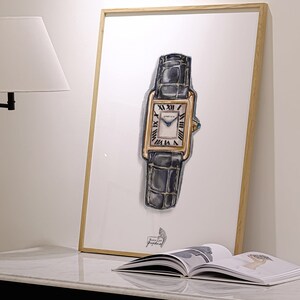 A watercolor yellow gold tank solo gold watch on a crocodile leather strap. Instant digital download, watercolor digital clipart, tank solo