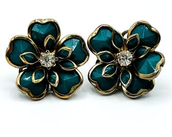 Vintage Green Flower Stud Earrings Faceted Acrylic Beads Rhinestone 3D Petals