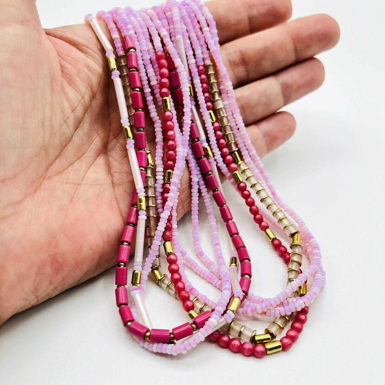 Multi Strand Pink Seed Bead Necklace Gold Tone Choker Bib Etsy