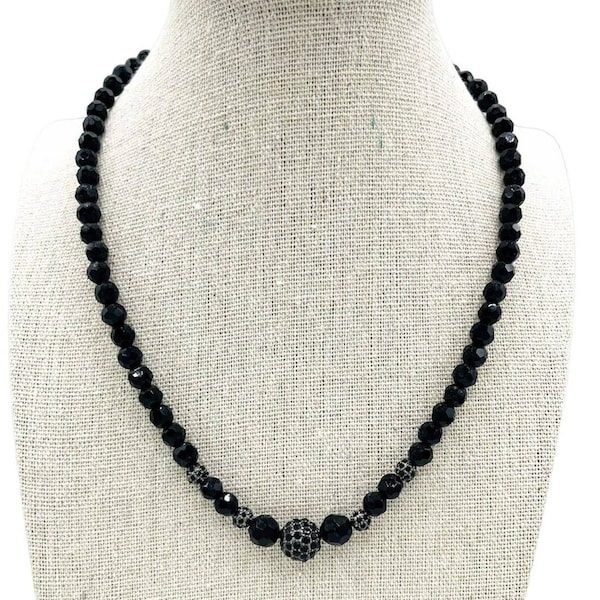 Vintage Carolee Choker Necklace Beaded Black Faceted Glass Beads Noir 16"