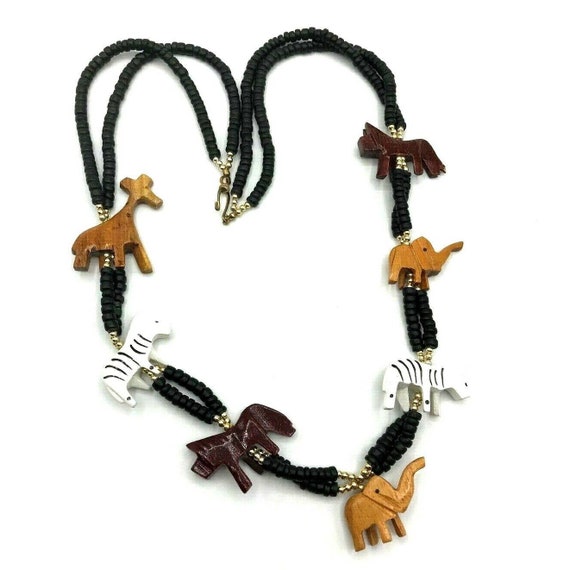 Vintage Carved Wooden Beaded Safari Necklace Pain… - image 1