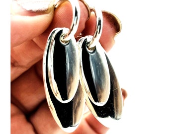 Vintage 1990's Layered Modern Chic Dangle Earrings Shiny Silver Tone 1.75"