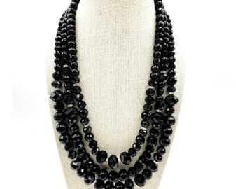 CHLOE + ISABEL Multi Strand Black Faceted Glass Beaded Statement Necklace 20"