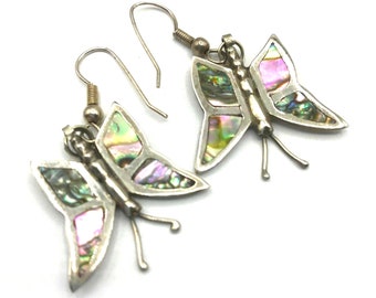 Vintage Abalone Shell Inlay Dangle Drop Butterfly Earrings Mexico Silver 900