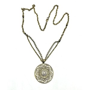 Vintage Round Medallion Rhinestone Pendant Necklace Gold Tone Long 36&quot;