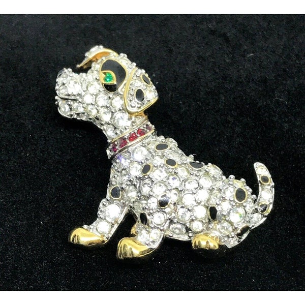 Vintage Gold Tone Rhinestone Sparkly Dalmatian Dog Brooch Pin