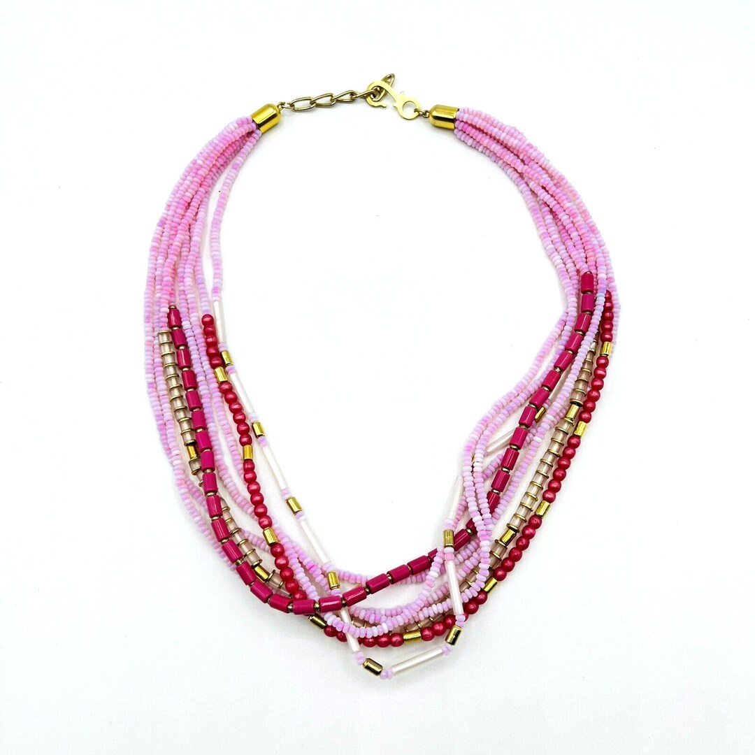Multi Strand Pink Seed Bead Necklace Gold Tone Choker Bib Etsy