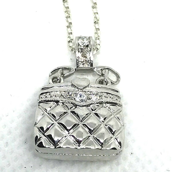 Vintage Purse Bag Pendant Necklace Rhinestone 925 F.A.S. Italy Chain 18"