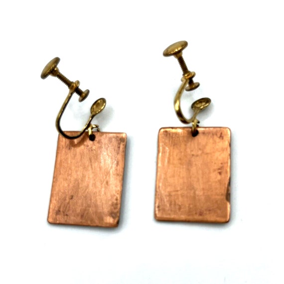 Vintage Copper Dangle Rectangle Earrings Blue Swi… - image 3